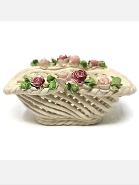 Vintage Italian Small Ceramic Lattice Basket With Roses